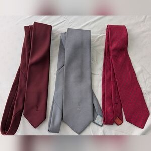 3x Vintage Yves Saint Laurent YSL Men's Necktie Tie, Silk Embroidered Gray Red